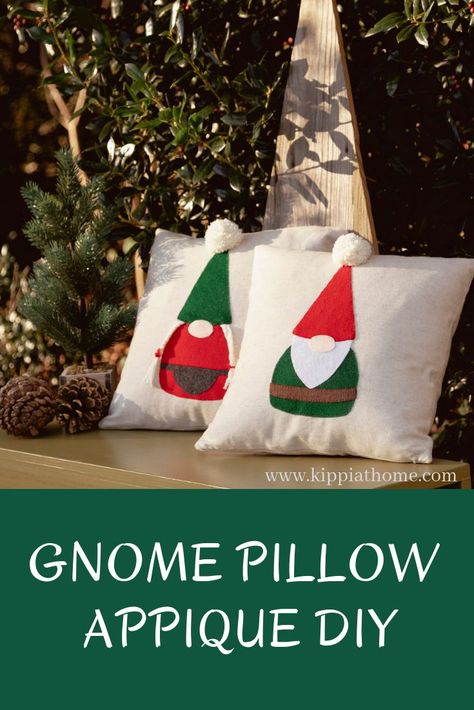 These gnome applique pillows are adorable all year, Easy and inexpensive  to make, Handmade pom poms, Girl gnome with pigtails, learn how with  free patterns. Easy Gnomes Diy, Gnome Applique, Make Gnomes, Scandinavian Ornaments, Christmas Needlework, Gnome Pillow, Gnome Craft, Diy Gnome, Christmas Cabin