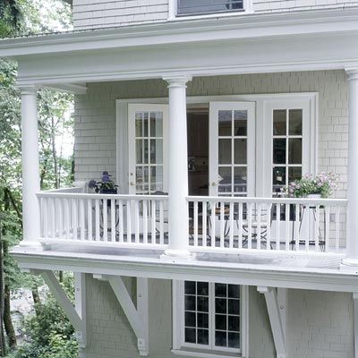 railing attached to round columns...but I don't know how you could screen it? Upper Balcony Over Porch, Small Balcony Off Bedroom, Deck Stairs To Pool, Second Story Balcony Ideas, Add On Balcony, Upstairs Porch Balconies, Covered Balcony Ideas Second Story, Bedroom Balcony Ideas Second Story, 2nd Story Porch