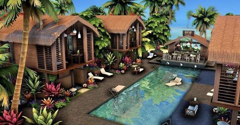 Beach House Sims 4 Floor Plans, Sims 4 Resort, Sims 4 Vacation House, Sims 4 Island Living Cc, Bloxburg Resort, Sims 4 Sulani, Sims 4 Beach House, Hawaiian House, Beach House Flooring