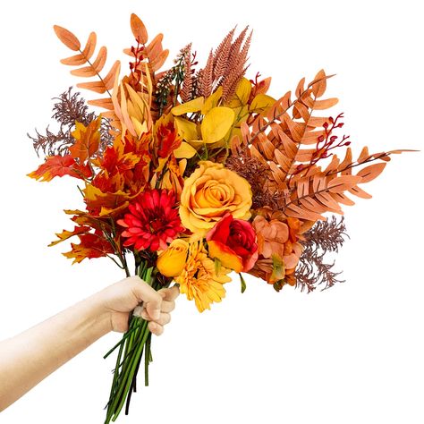 PRICES MAY VARY. PACKAGE DETAILS: You will receive one bundle of artificial fall flowers. The size of flower bouquets about 21.6 inches x17.7 inch. Including maple leave, eucalyptus leaves，rose, sunflower and 13pcs fall florals with 8 Kinds of Filler Fake Plants. Each artificial flower with stem. LASTING BEAUTY: For a touch of whimsy and romance, premium silk material flowers and plastic with iron inside wrapped of the root give our fall flowers bouquets a lifelike appearance. Clear patterns and Fall Flower Wedding Bouquets, Fall Centerpieces, Lemon Scones, Fall Bouquet, Orange Wedding Flowers, Orange Color Schemes, Material Flowers, Mums Flowers, Fall Flower Arrangements