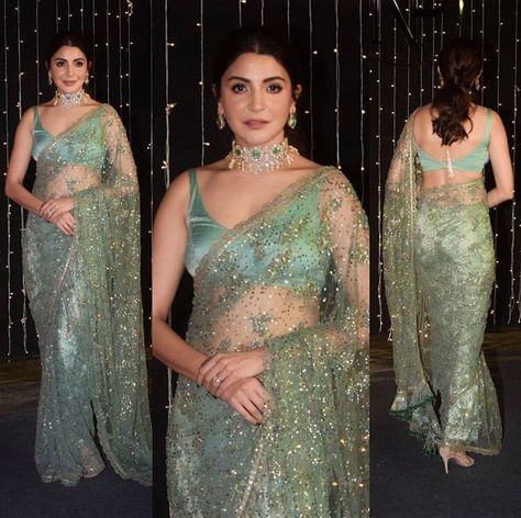 Anushka Sharma Green Saree, Alia Bhatt Indian Wear Saree, Anushka Sharma Saree, Net Saree Blouse Designs, Net Saree Blouse, Party Saree, Net Blouse, Stitched Saree, Indian Sari Dress