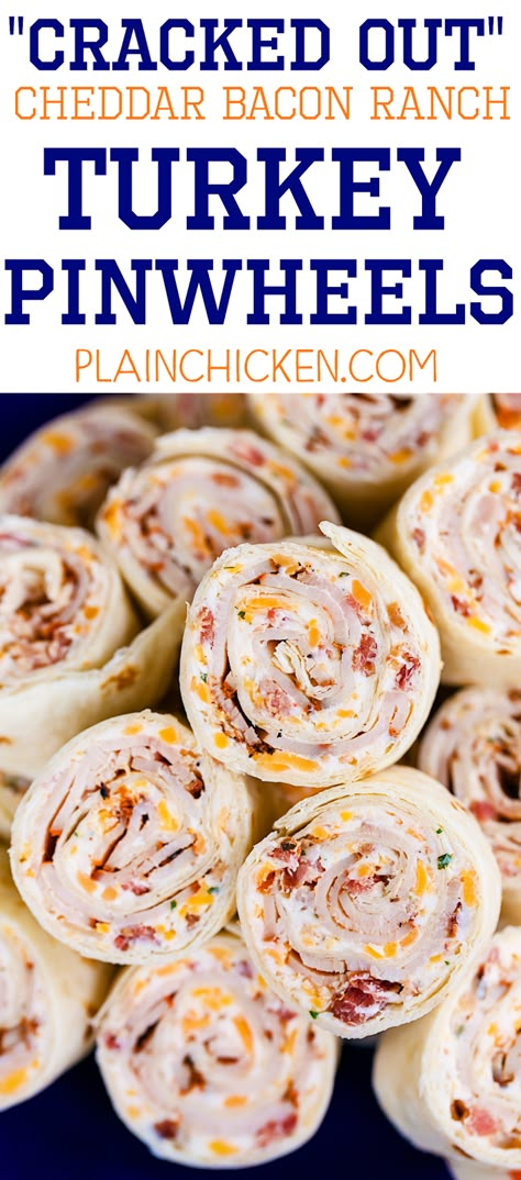 Cracked Out Turkey Pinwheels - I am ADDICTED to these sandwiches! Cream cheese, cheddar, bacon, Ranch and turkey wrapped in a tortilla. Can make ahead of time and refrigerate until ready to eat. Perfect for parties and tailgating!! Turkey Pinwheels, Cracked Out, Football Friday, Pinwheel Sandwiches, Pinwheel Appetizers, Cheese Cheddar, Pinwheel Recipes, Plain Chicken, Chicken Sandwiches