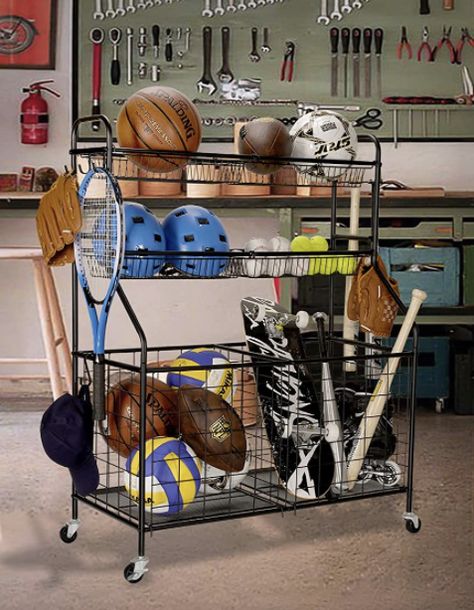 Sports Organizer for Garage, Basketball Rack, Garage Sports Equipment Organizer, Garage Toy Storage, Nerf Gun Storage Rack, Storage Organization on Wheels for School, Garage, Black, Heavy Duty Steel. This simple, effective system can be used to store and display sporting equipment when it’s not in use. The Rolling Sports Ball organizer with 4 heavy-duty wheels, Indoor & Outdoor Design, which is easy to move the organizer anywhere and fits in a specific position. It is ideal for the garage, home, Ball Organizer, Sports Equipment Organization, Sports Equipment Storage, Basketball Rack, Sports Storage, Ball Storage, Toy Storage Organization, Equipment Storage, Rack Storage