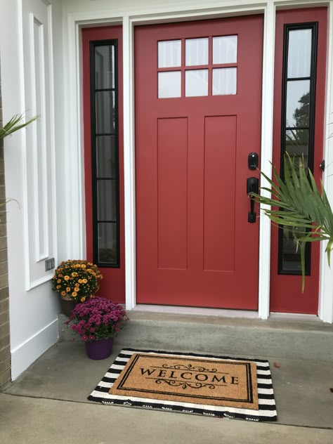 Red Entry Doors, Red Entrance Door, Red Doors On Houses, Layered Welcome Mat, Red Door Decor, Grey House White Trim, Red Entry Door, Front Portico, House Facelift