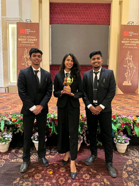 Congratulations to VMSCL Moot Court Team — Chelsea Travasso, Swayam Chodankar, and Ashraf Agha for winning the second best memorial award at GIL Moor Court Competition Panipat Haryana! 🌟  Faculty Directors: Dr K. S. Rao & Ms Priyanka Shet.  #MootCourt #LegalExcellence Winning Competition Aesthetic, Moot Court Aesthetic, Moot Court, School Awards Ceremony, Career Aesthetic, Study Core, Future Lawyer, Speech And Debate, Dr K