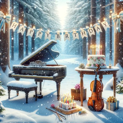 Happy Birthday Photos, Snow Covered Trees, A Birthday Cake, Snowy Landscape, Fantasy Book, Grand Piano, Happy Birthday Banner, Happy Birthday Banners, Birthday Photos