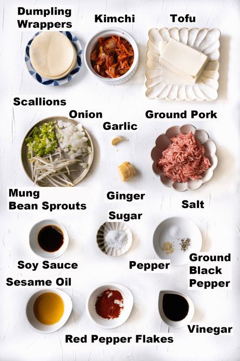 Ingredients for Korean dumplings (Mandu) recipe. Mandu Recipe, Korean Dumpling, Korean Dumplings, Asian Appetizers, Dumpling Skin, Rasa Malaysia, Dumpling Wrappers, Dumpling Recipe, Bean Curd