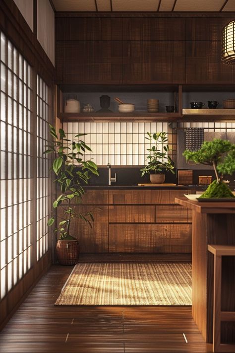 Zen Kitchen Design with Traditional Japanese Elements Japanese Kitchen Backsplash, Japanese Interiors Traditional, Japan Style Kitchen, Japanese Kitchen Interior, Japanese Interior Design Kitchen, Japan Kitchen Design, Japanese Modern Kitchen, Japanese Apartment Kitchen, Japan Apartment Interior