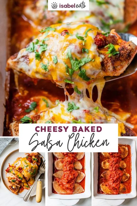 This tasty Salsa Chicken is a simple and healthy recipe made from chicken breasts flavored with Mexican spices, topped with a chunky salsa, and baked with melted ooey-gooey cheese! It’s an easy and delicious dinner the whole family will love. Chicken Breast Mexican Recipes, Mexican Chicken Breast, Baked Salsa Chicken, Mexican Chicken Bake, Isabel Eats, Gf Food, Chicken Casserole Easy, Mexican Chicken Recipes, Bake Chicken