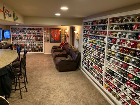 Man Cave, Mini Helmet Collection Man Cave Shelf, Book Shelves, Basement Ideas, Man Cave, Bookshelves, Basement, Shelves, Bar