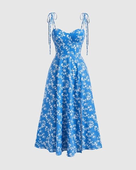 Long Blue Dress, Quick Outfits, Causual Outfits, Summer Dress Outfits, Fashion Attire, Pinterest Outfits, Floral Blue Dress, Fashion Design Clothes, Guest Outfit