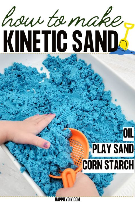 kinetic sand with kid hand in shovel Kinect Sand Diy, How To Make Kinetic Sand Diy, How To Make Kinetic Sand, Diy Ocean Crafts, Diy Sand Tray, Diy Kinetic Sand Recipes, Kinetic Sand Sensory Bin, Homemade Sand, Homemade Kinetic Sand