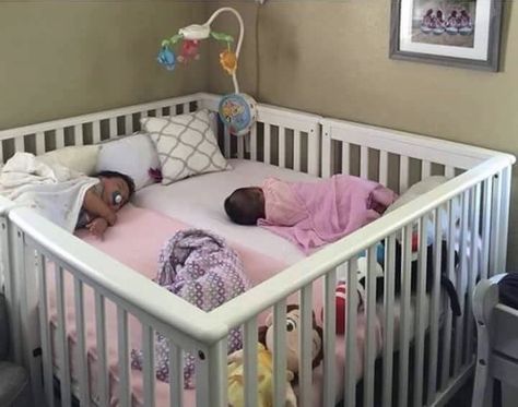 Put to crib mattresses together & the cribs backwards so there's no gap. Great idea for twins. Crib In Bedroom Ideas Shared Rooms, Twin Baby Beds, Twin Cots, Baby Cribs For Twins, Co Sleeper Crib, Twin Cribs, Sleeping Twins, Bed Rails For Toddlers, Baby Nursery Design