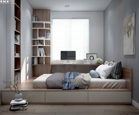 Low Height Bed Design With Storage, Platform Desk Bed, Bed With Working Table, Elevated Bed With Storage, Low Height Bed Design, Working Table In Bedroom, Platform Bed Ideas Bedrooms, Low Height Storage, Low Height Bed