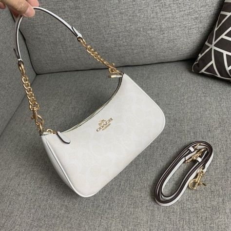 COACH Women’s Teri Shoulder Bag In Signature Canvas ChalkGlacier/white Coach Teri Shoulder Bag White, Coach White Shoulder Bag, Coach White Bag, Coach Teri Shoulder Bag In Signature Canvas, White Coach Satchel Shoulder Bag, Coach White Leather Shoulder Bag, White Coach Shoulder Bag With Branded Hardware, White Coach Bag, Coach Teri Shoulder Bag