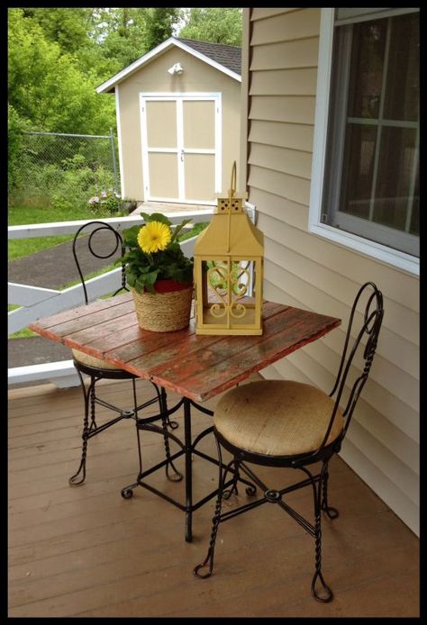 Burlap Bistro Set by FunCycled www.funcycled.com Porch Bistro Set Decor, Bistro Set Front Porch, Front Porch Bistro Set Decor, Front Porch Bistro Set Ideas, Bistro Set Makeover, Room With No Windows, Artist Hands, Bistro Table And Chairs, Bistro Set Outdoor