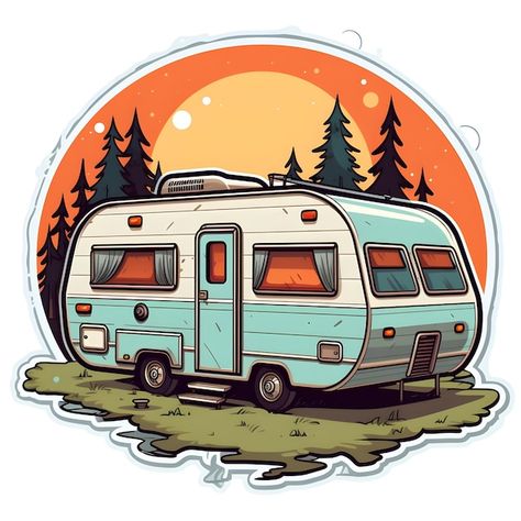 Photo creative digital art design illust... | Premium Photo #Freepik #photo Vanlife Illustration, Camper Van Illustration, Caravan Art, Vehicle Painting, Camping Illustration, Creative Digital Art, Camp Ground, Camper Art, Camper Caravan