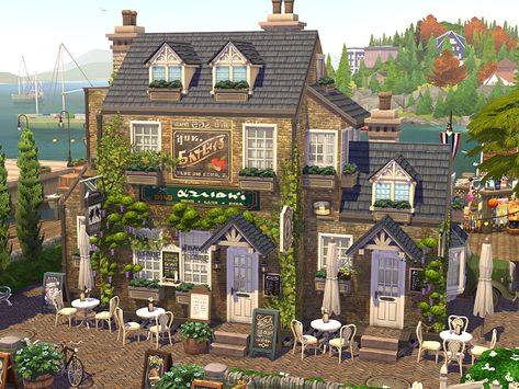 Community Lot Sims 4, Sims Brindleton Bay, Sims4 Lots No Cc, Sims Cafe Ideas, Sims Exterior Cc, Sims 4 Terrain Cc, Sims 4 Cafe Ideas, Sims 4 Bakery Build, Sims 4 Cafe Build