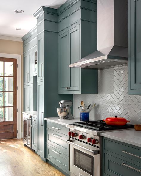 Sherwin Williams Underseas, Kitchen Cabinets White, Transitional Kitchen Design, Off White Kitchens, Above Kitchen Cabinets, Built In Refrigerator, White Backsplash, Decoration Kitchen, Custom Kitchens