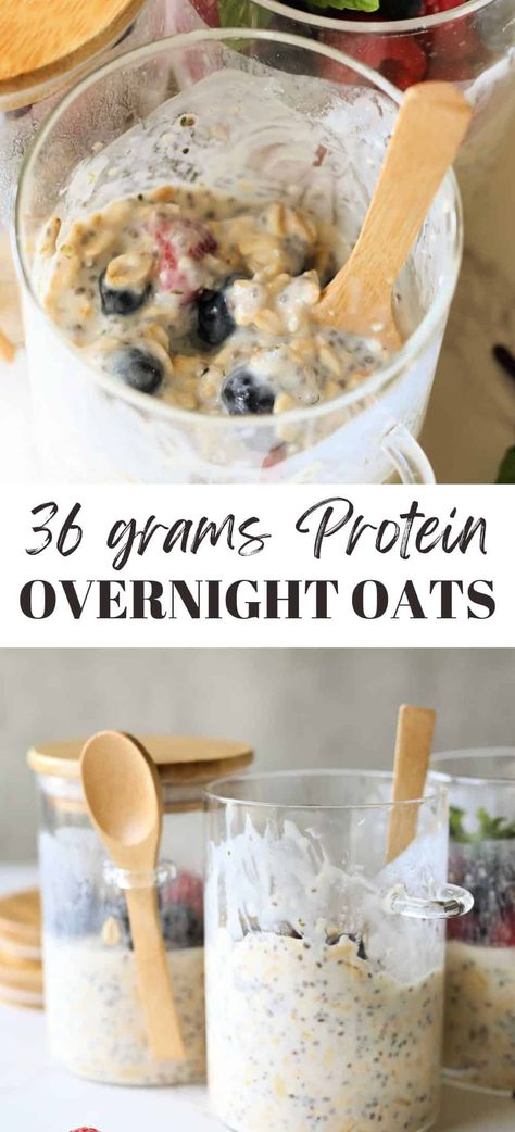 This wholesome and satisfying high Protein Overnight Oats meal is so creamy, has 36 grams of protein per serving, and takes 5 minutes! Crafted by combining rolled oats with a generous serving of protein-rich ingredients such as Greek yogurt, chia seeds, or protein powder, ensuring a sustained energy release throughout the morning. Overnight Chia Oats Protein, Chia Seed Pudding Greek Yogurt Overnight Oatmeal, High Protein Rolled Oats, Protein Overnight Oats With Chia Seeds, High Protein Overnight Oats Chia Seeds, Chia Protein Overnight Oats, Overnight Oats With Yogurt And Protein Powder, High Protein Overnight Oats Greek Yogurt, Overnight Oats Thick