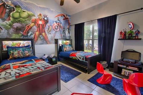 Magical Clubhouse Avengers Bedroom https://www.tripadvisor.com/VacationRentalReview-g34352-d7324039-Magical_Pool_Villa_4_Miles_to_Disney-Kissimmee_Florida.html Avengers Themed Room, Boys Bedroom Organization, Avengers Bedroom, Marvel Bedroom, Avengers Room, Marvel Room, Avengers Theme, Boys Room Design, Boys Bedroom Makeover