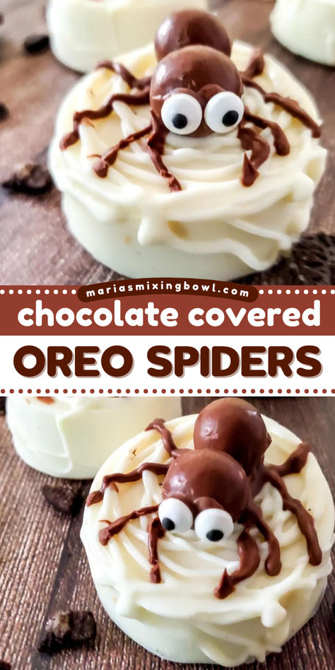 Learn how to make Chocolate Covered Oreo Spiders! Cute, spooky, and delicious, this spider Oreo recipe is a perfect Halloween treat for parties. Variations on this easy Halloween dessert included! Sweet Snacks To Make, Spiders Cute, Oreo Spiders, Candy Corn Recipes, Caramel Fruit, Candy Corn Recipe, Snacks To Make At Home, Oreo Recipe, Easy Snacks To Make