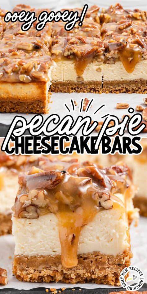 Pecan pie cheesecake bars are a delicious combination of a crunchy graham cracker crust, creamy cheesecake filling, and gooey pecan pie topping. Pecan Pie Cheesecake Bars Recipe, Butter Pecan Cheesecake Recipe, Pecan Pie Topping, Gooey Pecan Pie, Pecan Cheesecake Recipes, Butter Pecan Cheesecake, Pecan Pie Cheesecake Bars, Pecan Cheesecake Bars, Pecan Pie Cheesecake Recipe