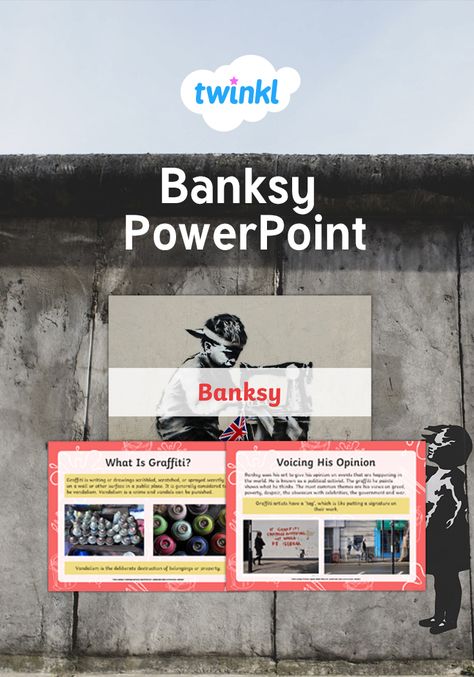 Discuss the life and work of graffiti artist Banksy with our easy to use PowerPoint; providing information and some pieces of his art for visual reference. Perfect for learning in and out of school. #banksy #art #graffiti #artanddesign #teachers #teach #teaching #parents #twinkl #twinklresources #twinklparents Banksy Art Projects For Kids, Famous Graffiti Artists, Intermediate Art, Middle School Projects, Visual Reference, Banksy Graffiti, Banksy Art, Art Worksheets, International Festival