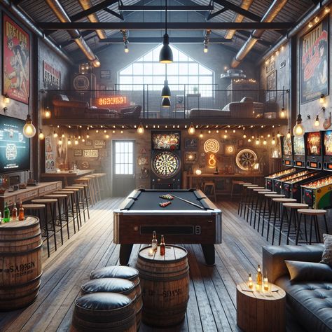 Unwind in this industrial-themed loft complete with vintage games, custom-built bar, and comfy couch for ultimate relaxation. Enjoy a chilled beer amid glowing neon signs, iconic posters, and live jam sessions with the sleek electric guitar. #Mancave #LoftStyle #IndustrialDecor #VintageGames #CustomBar #JamSessions Industrial Games Room, Restaurant With Games, Industrial Sports Bar, Private Party Room, Billards Room, Game Loft, Chill Bar, Iconic Posters, Mancave Garage