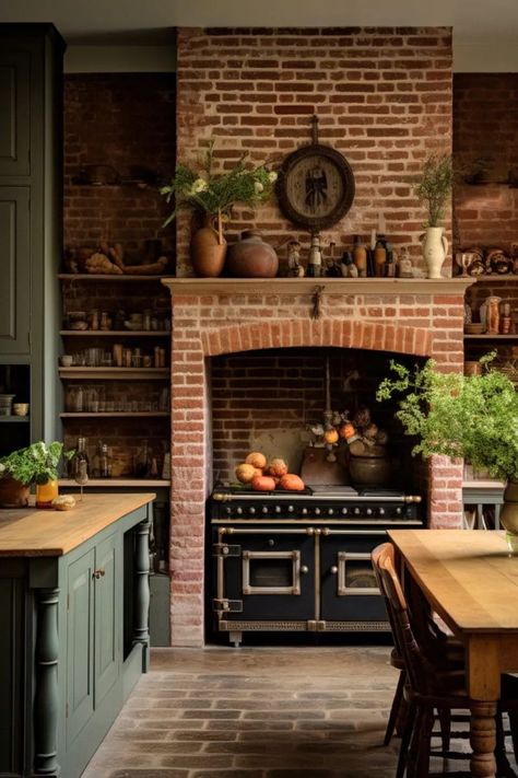 Old English Style Interior, French Colonial Kitchen, Colonial Style Kitchen, Kitchen With Brick Wall, Colonial House Interior Design, Colonial Home Interior, Colonial House Interior, Colonial Kitchens, Colonial Interior Design