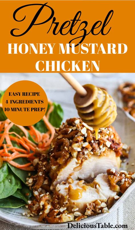 Easy oven-baked Pretzel Honey Mustard Chicken can be on the table for your family in under an hour, with four simple ingredients and a 10-minute assembly. Pretzel Chicken Recipes, Baked Crunchy Pretzel Honey Balsamic Chicken, Pretzel Chicken With Honey Mustard Sauce, Mustard Pretzel Chicken, Honey Mustard Pretzel Chicken, Honey Mustard Chicken Oven, Honey Mustard Mozzarella Chicken, Honey Mustard Chicken Breast, Herbed Honey Mustard Chicken