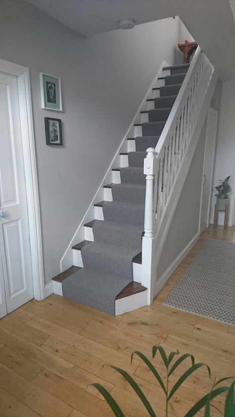 Hallway finished at last. Grey runner and Farrow and Ball Cornforth White paint Cornforth White Living Room, Grey Hallway, Cornforth White, Hallway Paint, Stairs Landing, Hallway Walls, Hallway Colours, Hallway Inspiration, Escalier Design