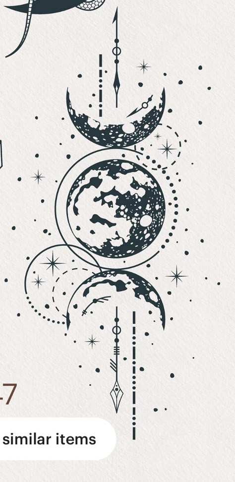 Witchy Friendship Tattoos, Spine Tattoos Moon And Stars, Stages Of The Moon Tattoo, Triple Friendship Tattoos, Moon And Constellation Tattoo, Celestial Thigh Tattoo, Celestial Hip Tattoo, Moon Tattoo On Leg, Three Moon Tattoo