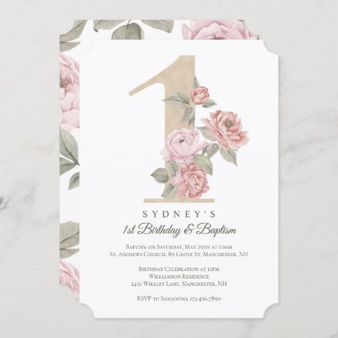 First Birthday And Baptism Girl, Elegant First Birthday, Dusty Sage Green, Baby's 1st Birthday, Watercolor Peony, Baby's First Birthday, Baptism Invitation, Kids Birthday Party Invitations, Baby Baptism