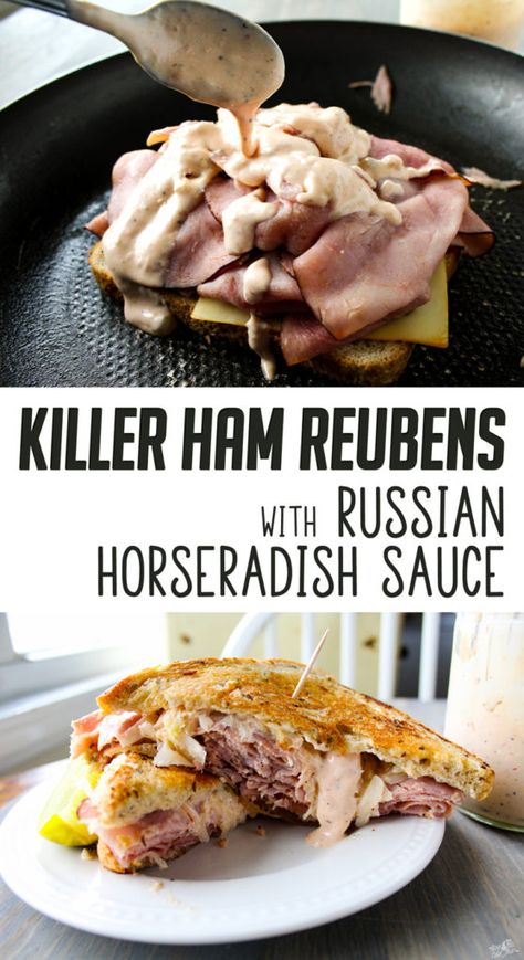 A Killer Ham Reuben Sandwich recipe. Layers of deli-sliced black forest ham on New York rye. With Muenster cheese, sauerkraut and Russian Horseradish Sauce. Money. Reuben Sandwich Recipe, Black Forest Ham, Roast Beef Sandwich, Sandwhich Recipes, Best Sandwich Recipes, Muenster Cheese, Reuben Sandwich, Deli Sandwiches, Horseradish Sauce