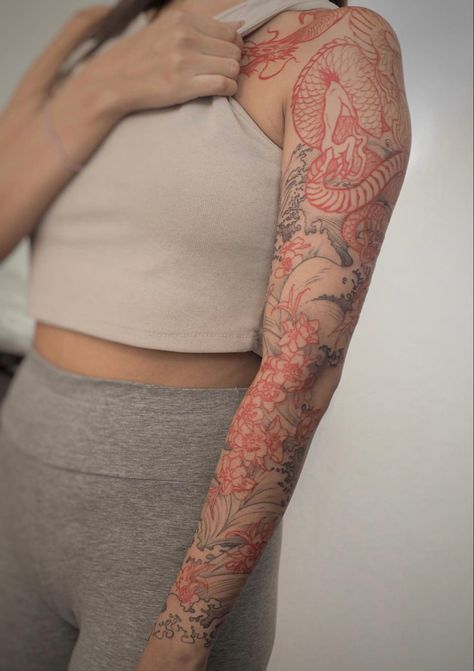 Aesthetic Asian Tattoo, Woman Japanese Tattoo Sleeve, Traditional Chinese Tattoo Sleeve, Red And White Tattoos For Women, Asian Forearm Tattoos For Women, Japanese Inspired Tattoos Sleeve, Black And Red Tattoo Sleeve For Women, Sleeve Tattoos For Women Asian, Red Ink Sleeve Tattoos For Women