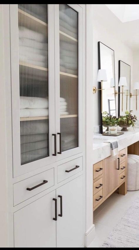 Closet In Bathroom, Vanity With Linen Cabinet, Built In Bathroom Storage, Bathroom Designs 2023, Functional Closet, Bathroom Linen Closet, New House Bathroom, Bathroom Linen Cabinet, Bathroom Closet