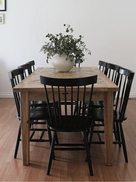 Farm Table With Black Chairs, Black Chairs With Wood Table, Farmhouse Modern Dining Room, Table With Black Chairs, Ranch Dining Room, Modern Farmhouse Black, Harvest Dining Table, Future Furniture, Dining Room Accents