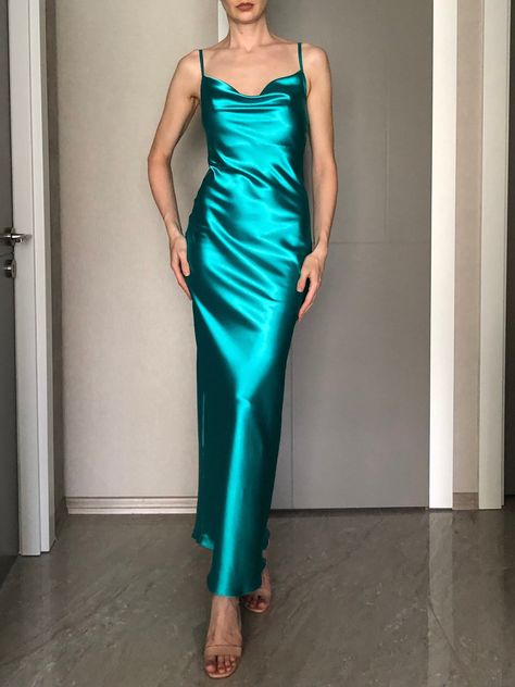 Excited to share this item from my #etsy shop: Turquoise Cowl Neck Silk Satin Maxi Length Slip Dress,Adjustable Spaghetti Straps,Aqua Date Night,Open Back Aquamarine Silky Bridesmaid Aqua Turquoise Outfits For Women, Turquoise Dress Formal, Teal Satin Dress, Aquamarine Dress, Turquoise Clothes, Silk Bridesmaid Dresses, Date Dress, Custom Made Dress, Satin Dress Long