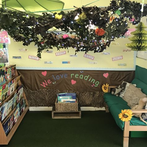 Woodland book corner eyfs nursery reception Nursery Story Corner Ideas, Eyfs Book Corner, Book Area Eyfs, Book Corner Eyfs, Book Corner Classroom, Eyfs Areas, Literacy Corner, Nurture Room, Eyfs Nursery