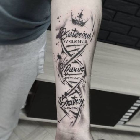 65 Unique DNA Tattoos, Ideas, & Meaning - Tattoo Me Now Baby Tattoo For Dads, Family Sleeve Tattoo, Tattoos Arm Mann, Tattoos Masculinas, Family Tattoos For Men, Maching Tattoos, Pocket Watch Tattoos, Dna Tattoo, Wife Tattoo