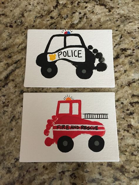 Police Car and Fire Truck foot print art. Police Footprint Craft, Footprint Fire Truck, Police Car Footprint Craft, Fire Truck Foot Print Art, Community Helpers Footprint Art, Police Art For Toddlers, Community Helpers Infant Art, Police Arts And Crafts For Kids, Police Car Craft Preschool