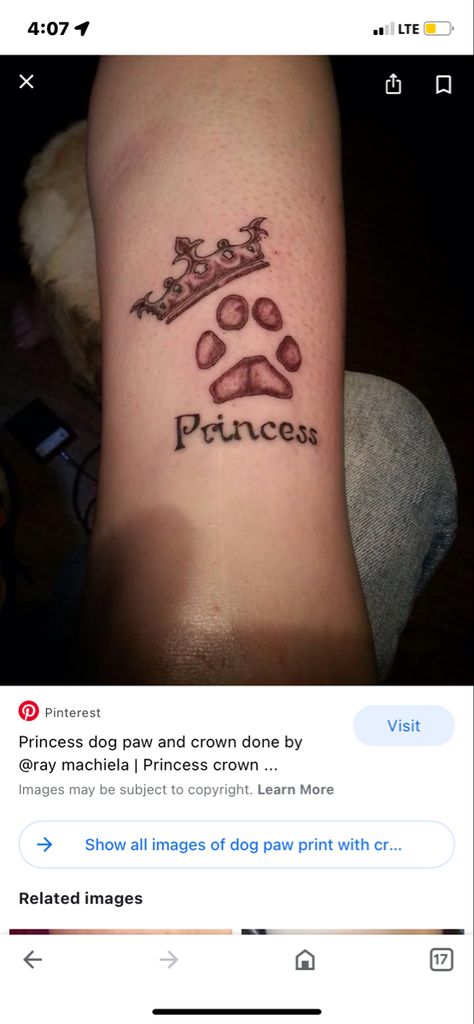 Paw Print With Crown Tattoo, Princess Dog, Crown Tattoo, Princess Jasmine, Dog Paw Print, Princess Crown, Dog Paws, Tattoos And Piercings, Paw Print