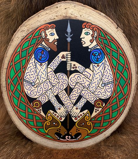 With pleated hair, woad and ochre tattoos, iron torcs, and faithful hounds. Acrylic painting on wood. Celtic Torc Tattoo, Pictish Warrior Tattoo, Warrior Couple, Pictish Warrior, Celtic Folklore, Celtic Paganism, Acrylic Painting On Wood, Celtic Tattoo, Nordic Tattoo