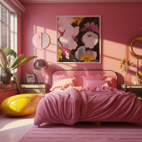 Pink Retro Bedroom Aesthetic, Mid Century Modern Bedroom Pink, Pink Mid Century Modern Bedroom, Pink Bed Bedroom Ideas, Pink Comforter Bedroom Ideas, Post Modern Bedroom, Dusty Pink Bedroom, Rainbow Walls, Pink Bedroom Walls