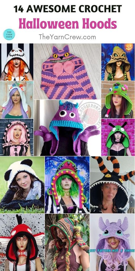 14 Awesome Crochet Halloween Hood Patterns. 14 Awesome Crochet Halloween Hood Patterns curated by The Yarn Crew. Crochet Halloween Hoods, Crochet Halloween Patterns Free Costumes, Crochet Halloween Patterns Free, Crochet Halloween Costume, Crochet Hooded Cowl, Halloween Jewelry Diy, Halloween Costume Patterns, Loom Crochet, Awesome Crochet