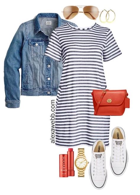 Navy Striped Dress Outfit, Striped Dress Outfit, Navy Striped Dress, Alexa Webb, Shirt Dress Outfit, Look Plus Size, Striped T Shirt Dress, Platform Converse, Stripe T Shirt