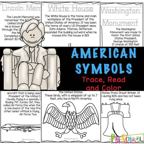 Introduce patriotic symbols to toddler, preschool, pre-k, and kindergarten, first grade, 2nd grade, and 3rd grade students will love this fun and free, American Symbols for Kids reader. This Activity helps kids strengthen fine motor skills and literacy skills as they trace, read and color the pages about the eagle, Air Force One, Jefferson Memorial, Liberty Bell, Lincoln Memorial, Lincoln Statue, Washington Monument, Mt Rushmore, Statue of Liberty, American flag, White House,  and the WWI ... Lincoln Statue, Preschool Color Activities, Patriotic Symbols, Activity For Preschoolers, Homeschool Preschool Curriculum, Geography For Kids, Mt Rushmore, Jefferson Memorial, American Symbols