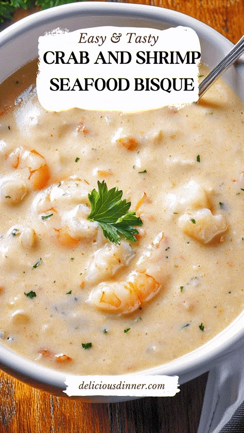 Creamy Crab and Shrimp Seafood Bisque - Delicious Dinner Creamy Crab Shrimp Seafood Bisque, Crab Chowder Recipes Simple, Easy Shrimp Bisque Recipe, Seafood Stock Uses, She Crab Soup Recipe Easy, Shrimp Bisque Soup Easy, Creamy Crab And Shrimp Bisque, Crab Shrimp Seafood Bisque, Shrimp And Crab Salad Recipes