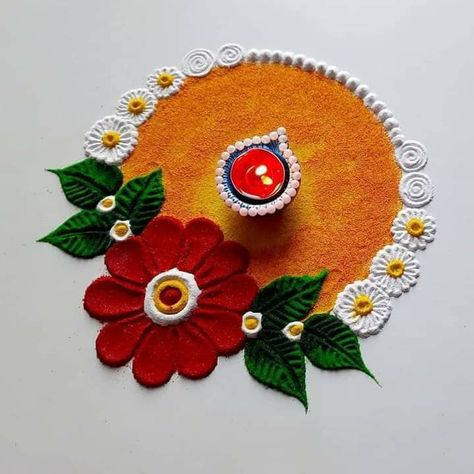 Flower Rangoli With Colours, Ranglo For Diwali, Flower And Color Rangoli, Small Rangoli Ideas For Diwali, Minimal Rangoli Designs Diwali, Easy Rangoli Flower Designs, Kalichudash Rangoli, Rangoli Diwali Easy, Small Cute Rangoli Designs